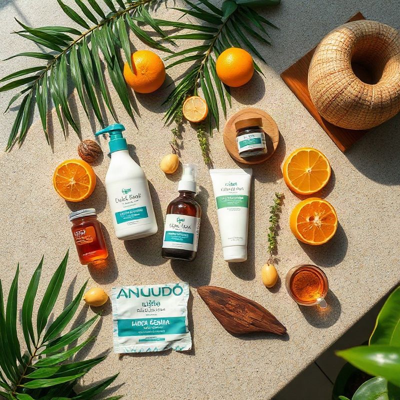 Produtos locais selecionados sobre superfície texturizada com luz natural